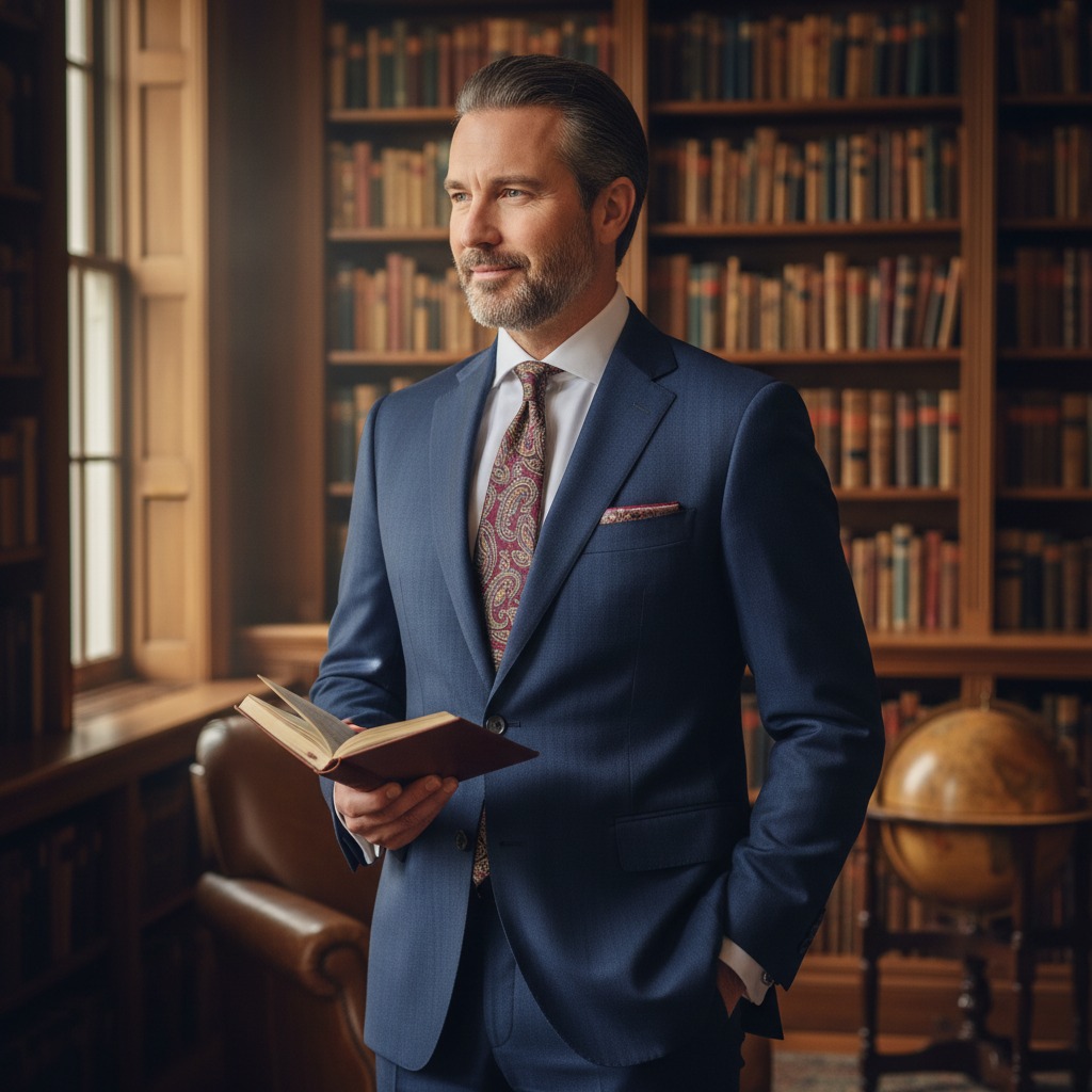 A refined well dressed man in a 3 quarter shot